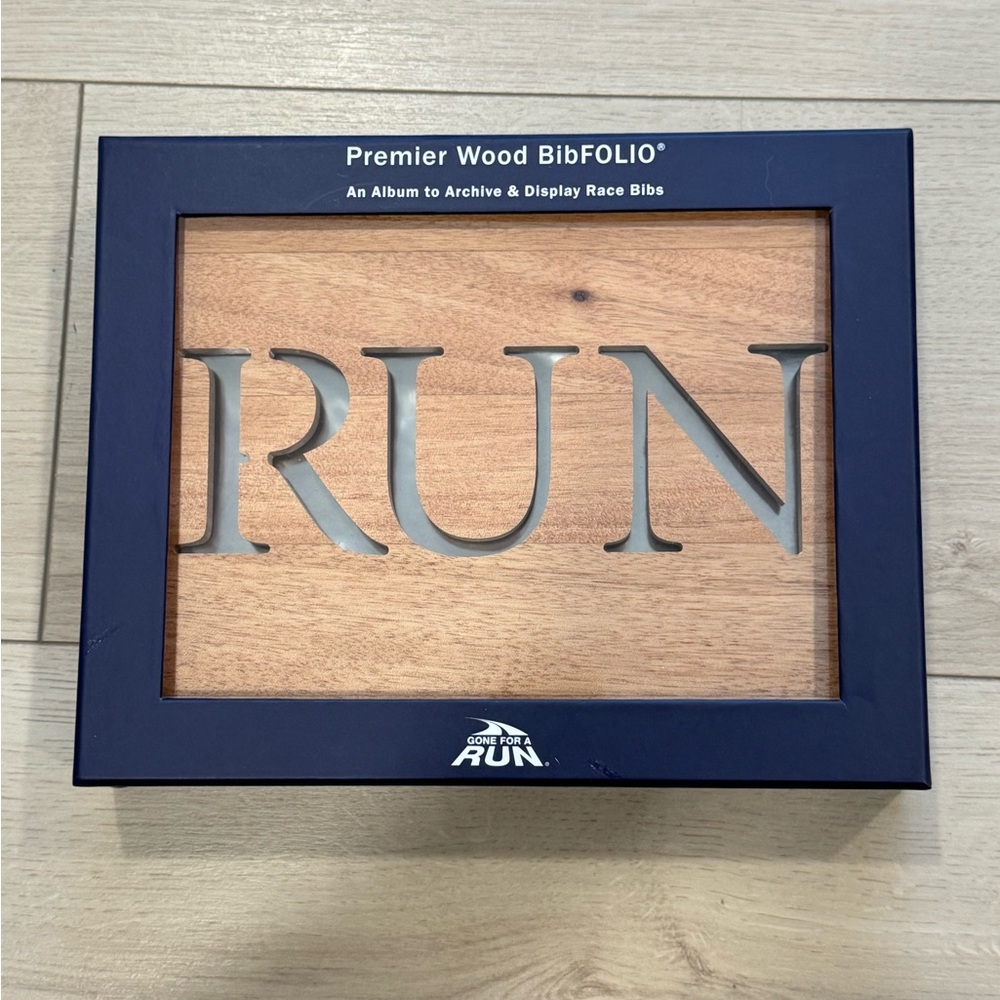 BibFOLIO Premier Wood Bib Display - Navy Frame & Wood Insert
